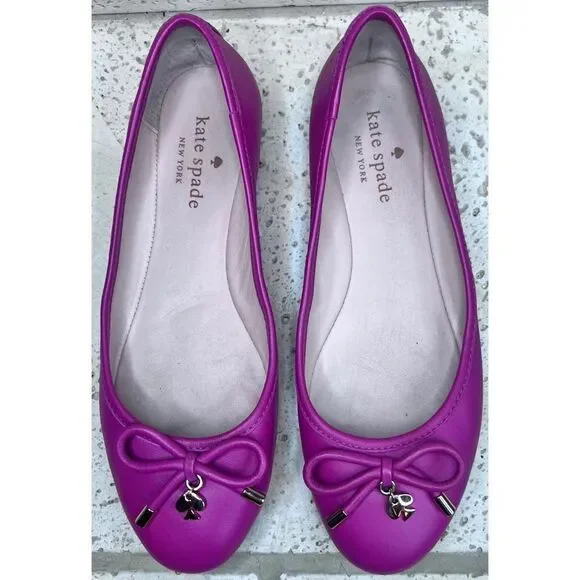 Kate Spade Pink Leather Ballet Flats Willia Bow Gold Spade Charm Shoes Sz 5.5 - Picture 5 of 13